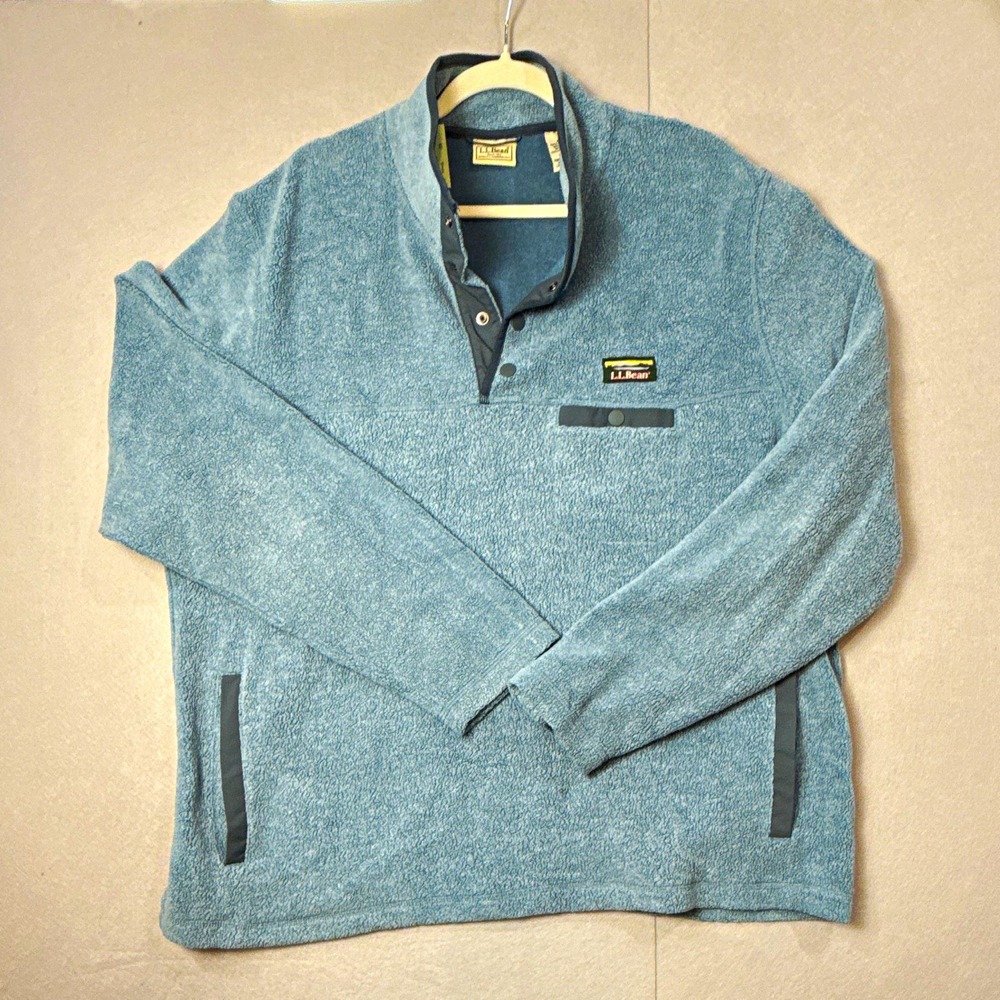 L.L.Bean Men's Fleece Mock Neck Pullover Sweatshirt Blue XL Button Pockets